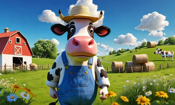 A cartoon cow wearing a cowboy hat stands in a field of grass