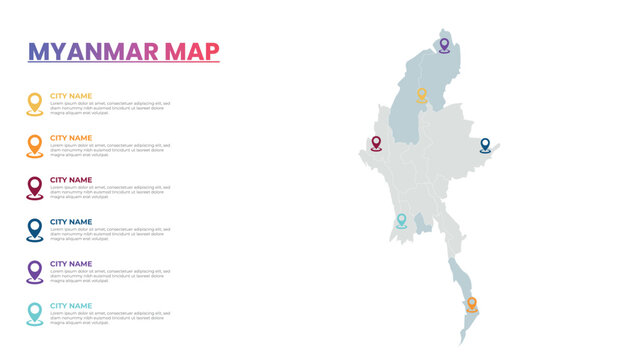 Myanmar Modern Map Infographic Template, Detailed infographic map of Myanmar Popular City