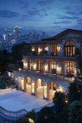 Fototapeta premium An ultra-luxury mansion on a Hill at night, with lights shining from the windows and balcony. A large courtyard and stone accents overlook the city skyline in the background. 