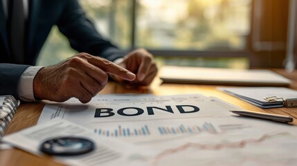 Financial bonds office workspace document review professional setting close-up perspective