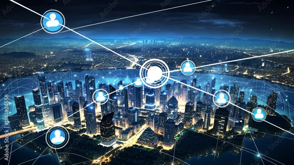 Aufkleber global network connections: a futuristic, abstract cityscape illuminated with glowing city lights an
