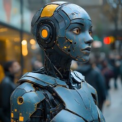A woman in a robot suit stands in front of a crowd of people