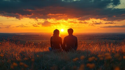 Couple watching sunset from grassy hilltop