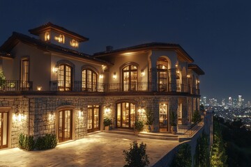 Obraz premium An ultra-luxury mansion on a Hill at night, with lights shining from the windows and balcony. A large courtyard and stone accents overlook the city skyline in the background. 