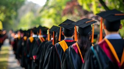 A line of graduates walking in unison during a ceremony, with their caps and gowns neatly arranged
