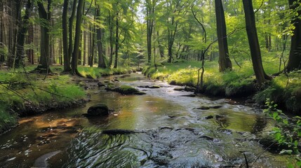 a serene forest scene with a gentle stream flowing through it. The stream is surrounded by lush green vegetation and tall trees, which create a canopy overhead