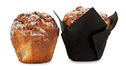 Two muffins in a paper cup and without isolated on a white background.