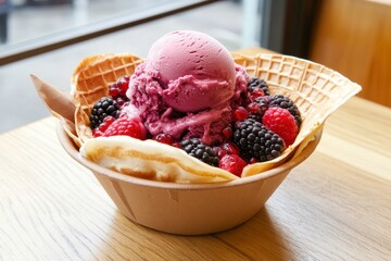 Delicious dessert bowl with fresh mixed berries and a scoop of pink ice cream served in a waffle bowl, perfect for summer treat or special occasion indulgence