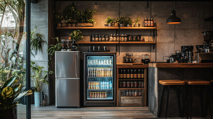 A modern, industrial style kitchen with a refrigerator, a freezer