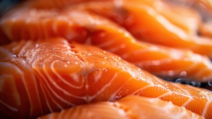 salmon,  several pieces of raw salmon fillets. The salmon has a rich orange color with visible white lines of fat running through the flesh, creating a marbled appearance