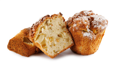 Cut delicious muffin isolated on white background.