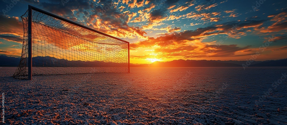 Poster goalposts in an empty field at sunrise representing dreams and opportunities ahead in life stock pho