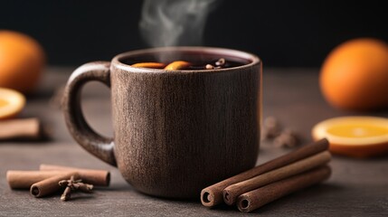 Cozy And Chilly Evening Ambiance with Warm Homemade Mulled Wine in a Rustic Mug. Spices and Orange Slides in the Scene.