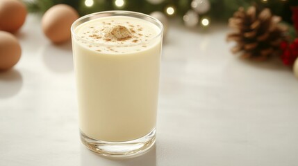 Cozy Winter Scene Featuring Warm Homemade Creamy Eggnog in A Glass with Festive Decorations Nearby
