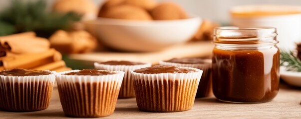 Cozy Kitchen Scene with Homemade Sticky Date Pudding Topped with Toffee Sauce. Dessert Baking Ingredients Nearby.
