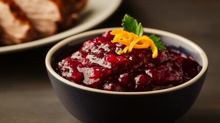 Cozy Kitchen Scene: Vibrant Bowl of Homemade Cranberry Sauce with Orange Zest Garnish