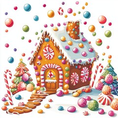 Gingerbread house with candy decorations and white background.