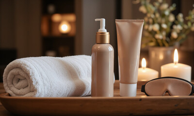 A woman's self-care kit featuring mocha mousse body lotion, a calming eye mask, and a soft bath towel, all displayed
