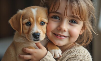 Smiling girl with a golden puppy