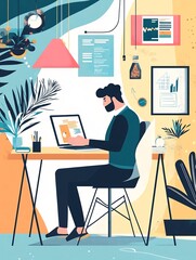 Digital marketer working on laptop in modern creative office space with posters and gadgets