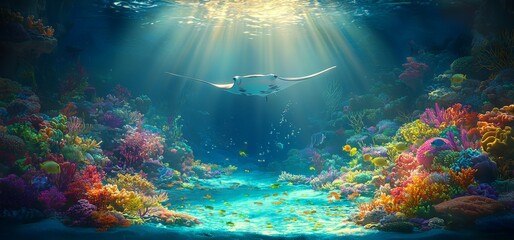 Stunning Underwater Scene with Colorful Coral Reef and Graceful Manta Ray Swimming in Sunlit Ocean