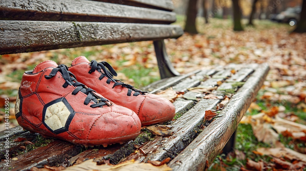 Poster football boots resting on a bench after a hard day of practice symbolizing effort and hard work stoc