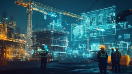 Construction project overview urban environment digital visualization nighttime futuristic concept