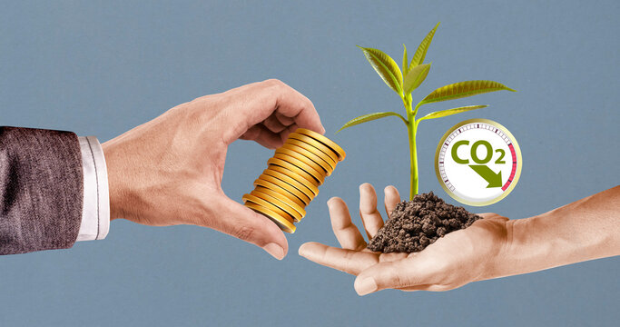 Businessman invests to reduce carbon, zero emission. from plant, nature, green energy, green hydrogen and the intersection of ecology with business and financial aspects. Carbon Credit concept.