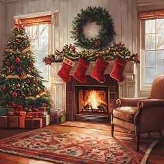 Cozy Christmas living room with fireplace, decorated tree, stockings, and a comfortable armchair.