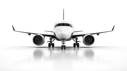 A modern airplane with large engines and a prominent nose is shown in a front view against a clean white background