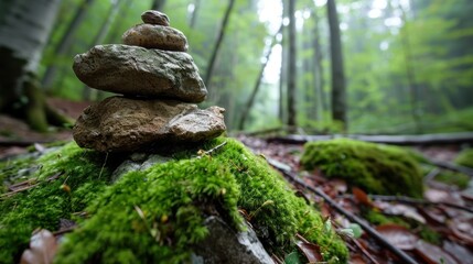 Obraz premium A serene forest scene featuring stacked stones on lush green moss, capturing the tranquility and beauty of nature.