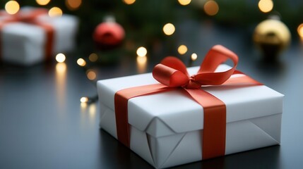 White gift box with red ribbon, Christmas lights and ornaments in background.