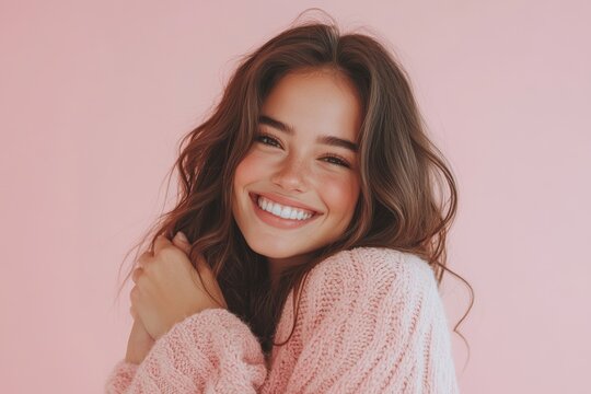 Self care and self esteem concept, Happy young beautiful woman hugging herself isolated on the background, Generative AI