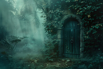 Fantastically door in wild forest leading to deep unknown