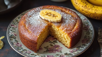 Delicious banana cake on a floral plate showcasing a moist interior and crispy outer crust with a decorative banana slice on top