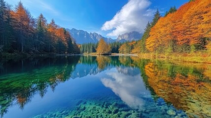 Fototapeta premium Tranquil autumn lake surrounded by vibrant beech forest and majestic mountains reflecting in crystal clear waters