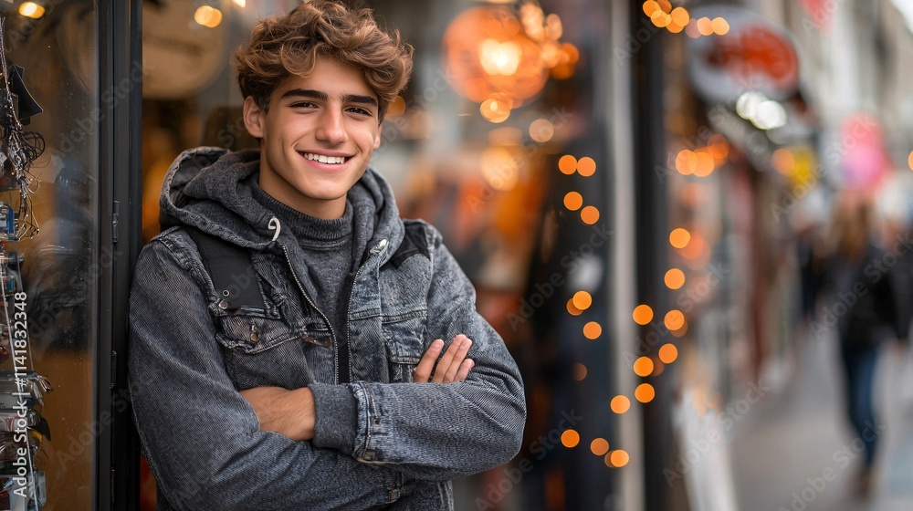 Poster young entrepreneur standing confidently in front of a small business storefront symbolizing progress