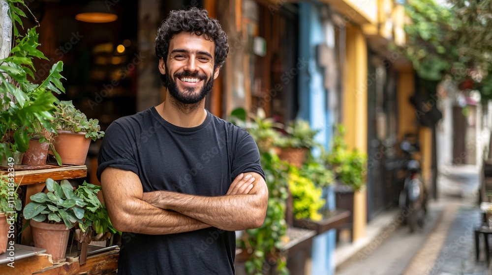 Poster young entrepreneur standing confidently in front of a small business storefront symbolizing progress