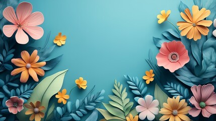 A blue background with a colorful flower border