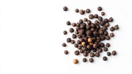 Assorted allspices on white background showcasing diverse textures and colors from a top view perspective ideal for culinary or health themes