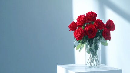 Fototapeta premium Elegant red rose bouquet in glass vase on white pedestal against bright room backdrop showcasing floral beauty and natural light.