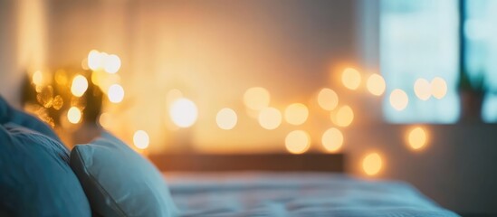 Cozy blurred bedroom interior with soft lighting creating a tranquil and calming atmosphere for relaxation and ambiance enhancement