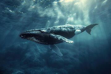 Fantastically beautiful majestic huge whale in deep ocean