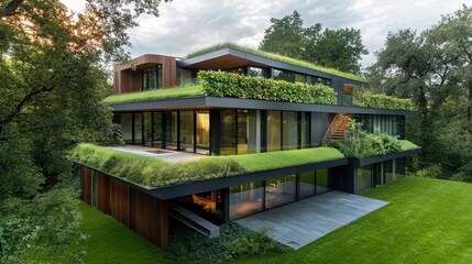 Fototapeta premium Sustainable architectural design urban environment modern home green roofs natural materials contemporary view