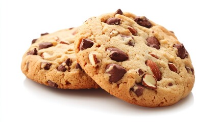 Almond chocolate chip cookies with nuts stacked on a white background delicious dessert snack for food lovers and baking enthusiasts