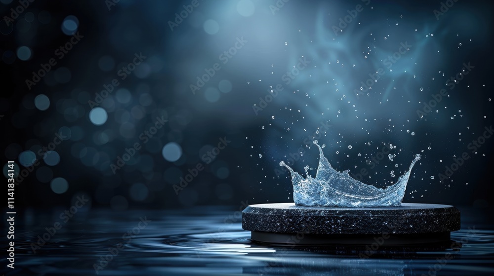 Poster a serene image capturing a water splash on a dark surface, illuminated by soft light, creating a tra