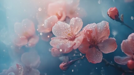 Close-up of delicate sakura blossoms adorned with droplets against a soft blurred background showcasing their beauty and tranquility.