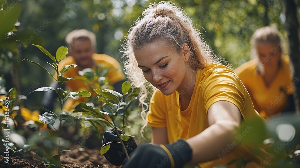 Poster team of volunteers planting trees together in a park representing partnership progress and community