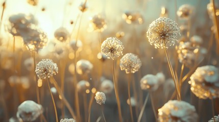 Golden Allium flowers blooming in a sunlit field showcasing the beauty of flowering plants in nature's serene landscape