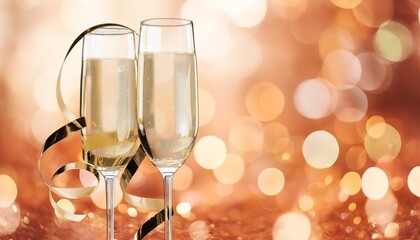 Two glasses of tasty champagne on festive christmas background.